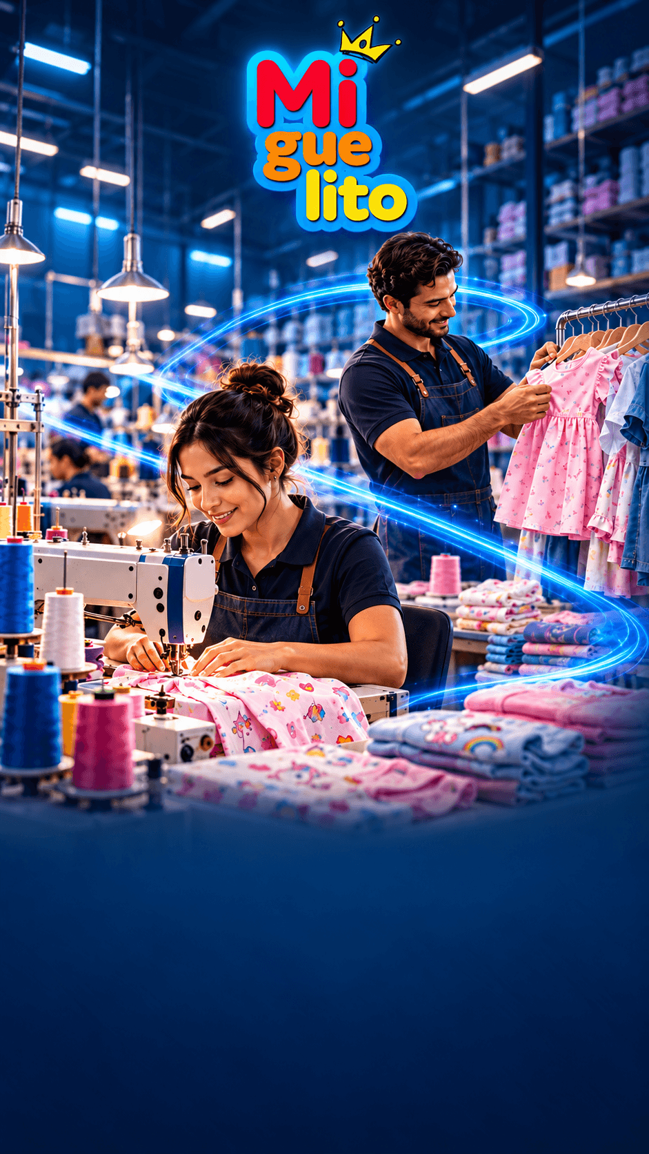 Costureira e ajudante preparando roupas infantis na produção da Miguelito