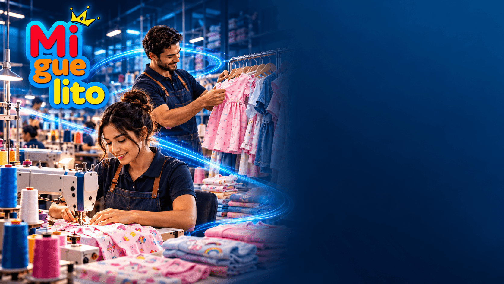 Costureira e ajudante preparando roupas infantis na produção da Miguelito